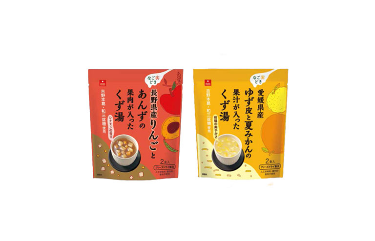 リニューアル新商品 なご実どき りんごとあんずくず湯・ゆずと夏みかんくず湯の発売を開始しました。